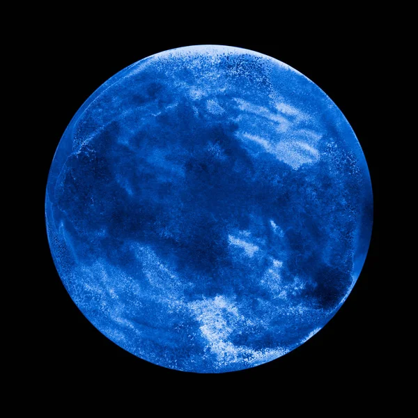 月の黒い背景に分離された青い天体の表面 水彩画の絵画 — ストック写真