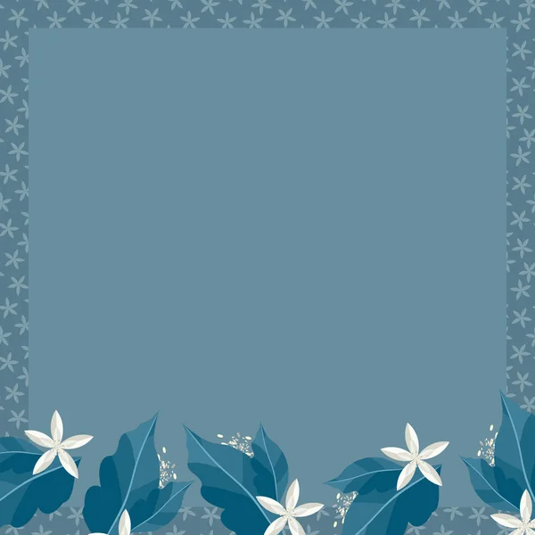 Plants and flowers on a lower side of frame, blue and white floral decoration with an empty place for text