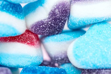 Meyve jöle şekerler, mavi ve kırmızı tatlılar