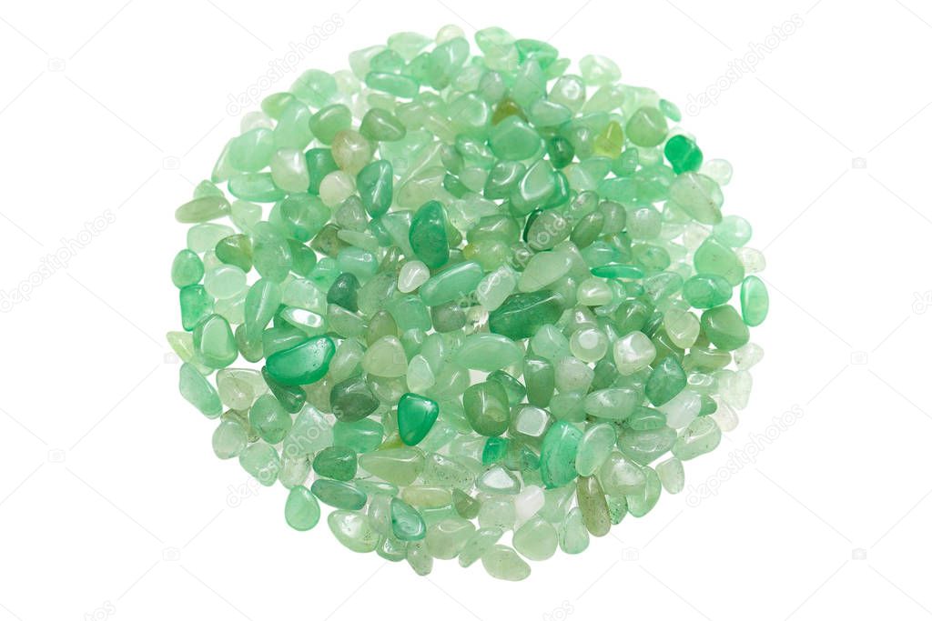 Natural aventurine isolated, green quartz gravel, Mineral therapy healing stones