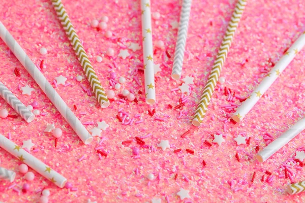 Drink Straws Shiny Holiday Decorations Close Pink Background Party — Stock Photo, Image