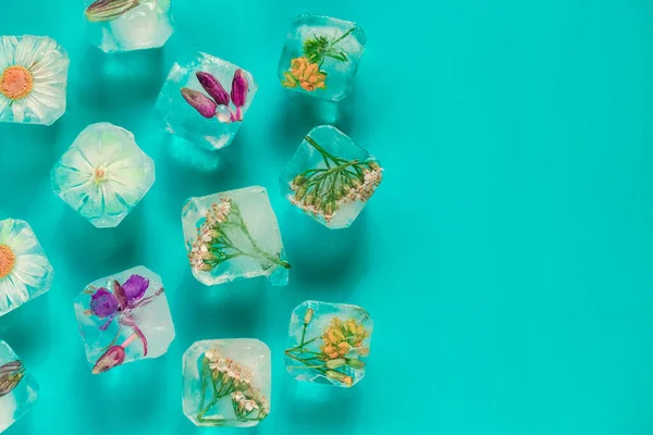 Ice Cubes Flowers Turquoise Background Petals Leaves Trapped Blocks Ice — Stock Photo, Image