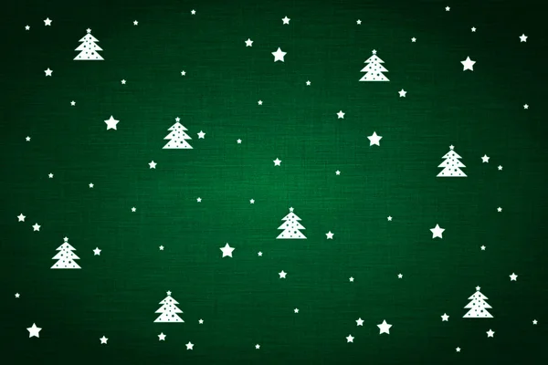 Green Christmas background with white painted Christmas trees and stars. New year\'s invitation card, greeting card with darkened edges