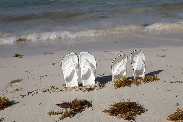 Bílé Sandály Pláži — Stock fotografie