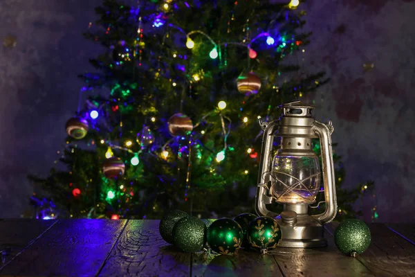 Christmas composition with dressed Christmas tree in the background — Stock Photo, Image