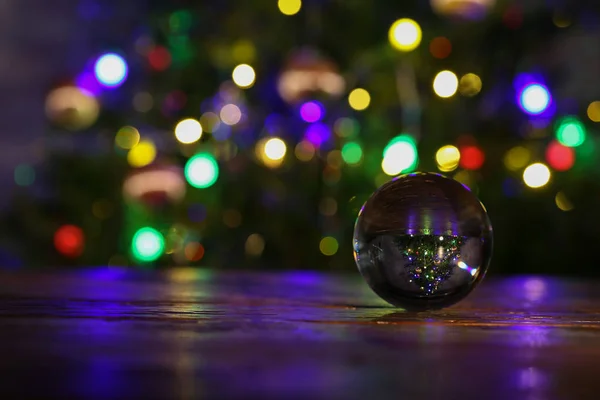 Composizione natalizia con albero di Natale vestito sullo sfondo — Foto Stock