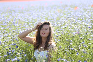 Peygamberçiçeği mavi alan genç bir kız portresi