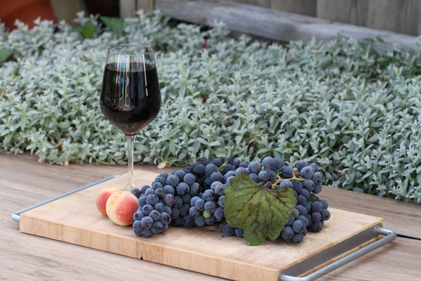 赤ワイン ブドウ 桃のグラス — ストック写真