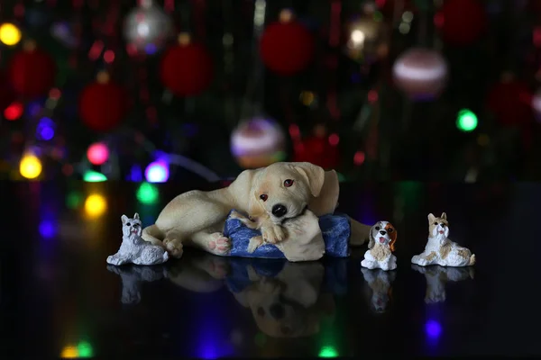 Cão Figura Bonito Com Filhotes Natal Desfocado Volta Chão — Fotografia de Stock