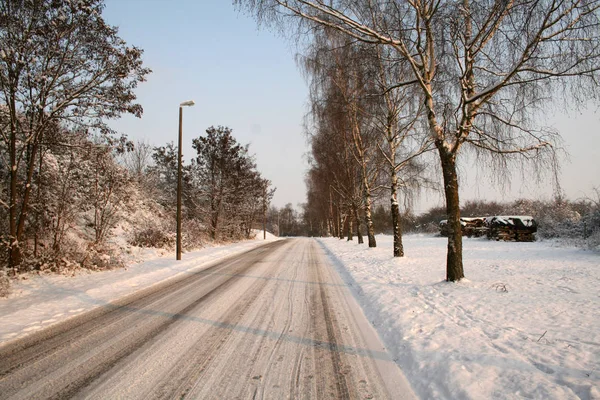 Route Hiver Menant Travers Paysage Rural — Photo