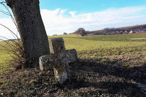 An ancient stone cross under a tree by the road.