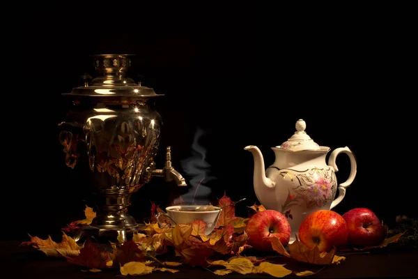 Tea Still Life Tea Still Life Samovar Apples — Φωτογραφία Αρχείου