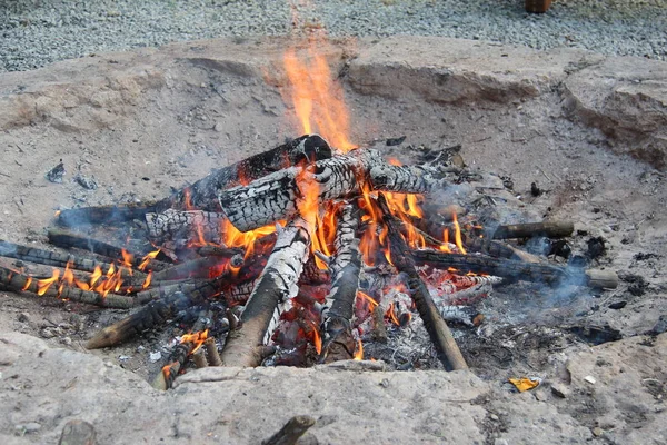 Fuego, llama y leña caliente para asar —  Fotos de Stock