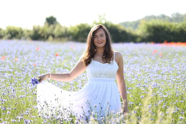 Retrato de uma jovem no campo azul cornflower — Fotografia de Stock