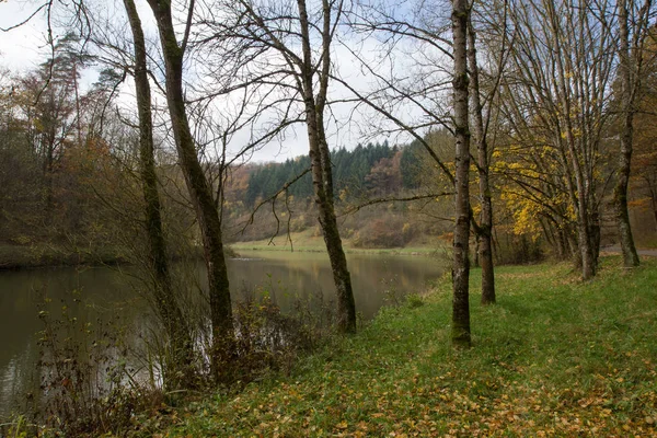 周りに木々が植え付いている秋の湖 — ストック写真