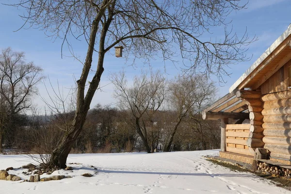 Wooden House Winter Rural Landscape — Stock Photo, Image