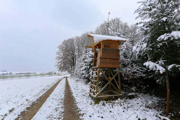 Winter forest. Deer Hunter\'s hideout on the edge of the forest.