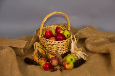 Çam kozalağı ve mısır yakınında olgun elma ile Sepet