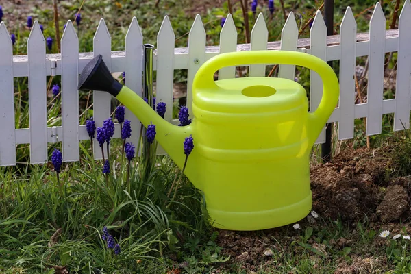 Annaffiatoio giardino si trova alla recinzione decorativa — Foto Stock