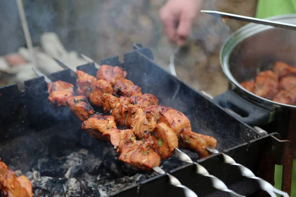 Kebabs de porco são fritos na grelha — Fotografia de Stock