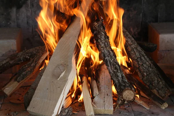 Brand, vlam en hete brandhout voor grillen — Stockfoto