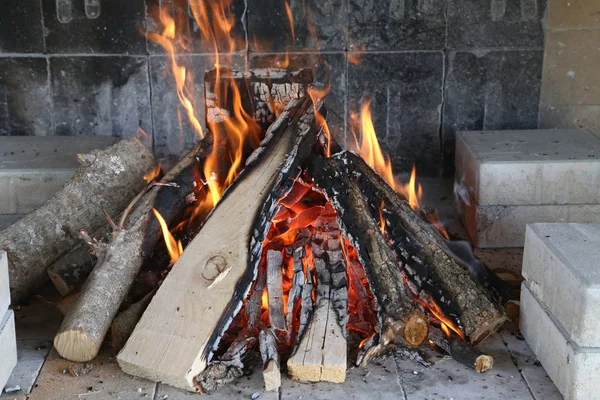 Fuego, llama y leña caliente para asar — Foto de Stock