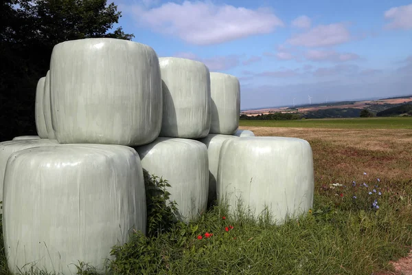 Platteland veld met Baal hooi verpakt in plastic — Stockfoto