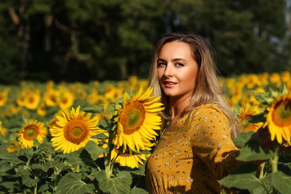 Ayçiçekleriyle dolu tarlada tatlı bir kız. — Stok fotoğraf