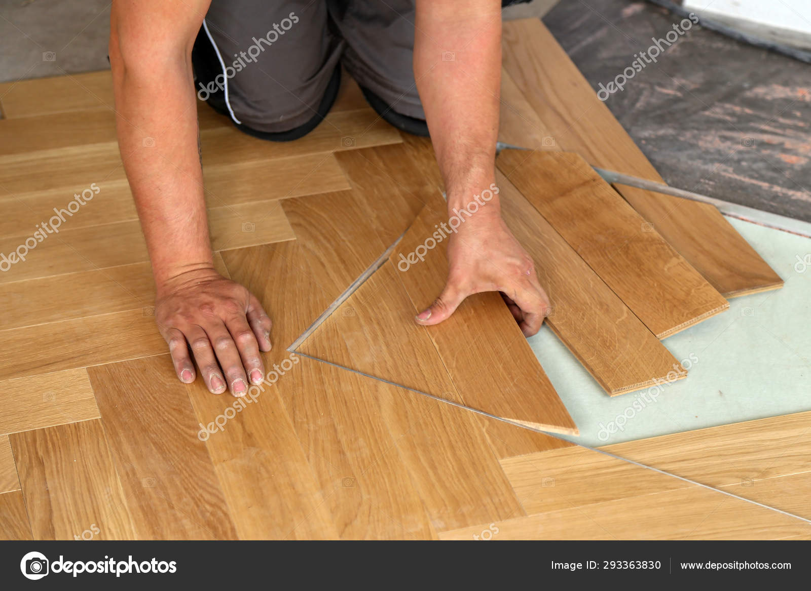 Worker Laying Parquet Flooring Worker Installing Wooden Laminate