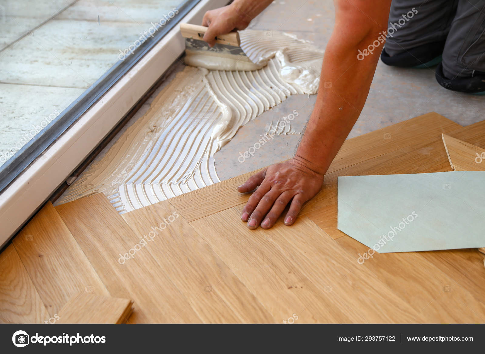 Worker Laying Parquet Flooring Worker Installing Wooden Laminate