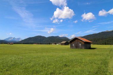 Alpler'deki yeşil çayırlarda dağ kulübeleri