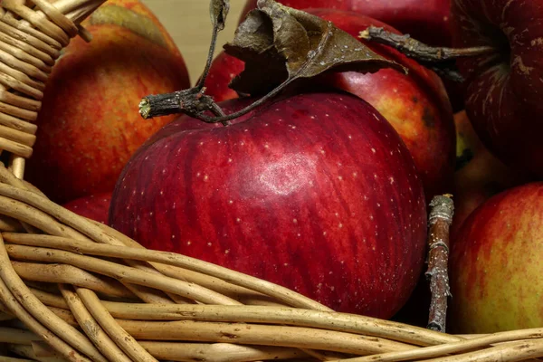Disposición de manzanas rojas maduras acostadas en una canasta — Foto de Stock