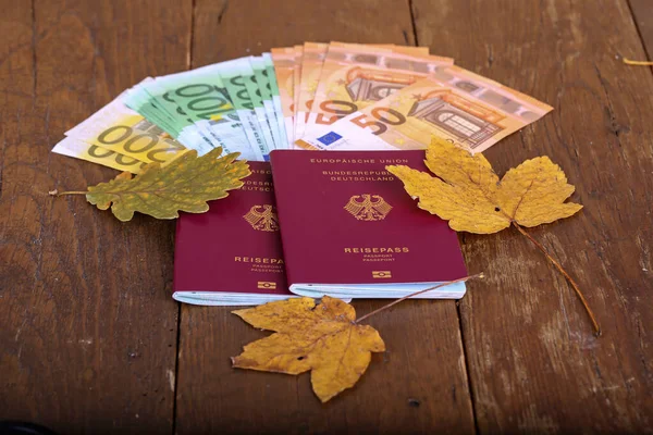 Duitse paspoorten en eurobiljetten liggen op tafel — Stockfoto
