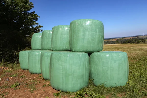 Saman Balyaları Almanya Beyaz Plastiğe Dolduruldu — Stok fotoğraf