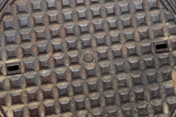 Nahaufnahme Kanaldeckel Aus Metall Textur Hintergrund Draufsicht — Stockfoto