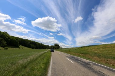 Yeşil tarlaları ve güzel gökyüzü olan yaz manzarası.