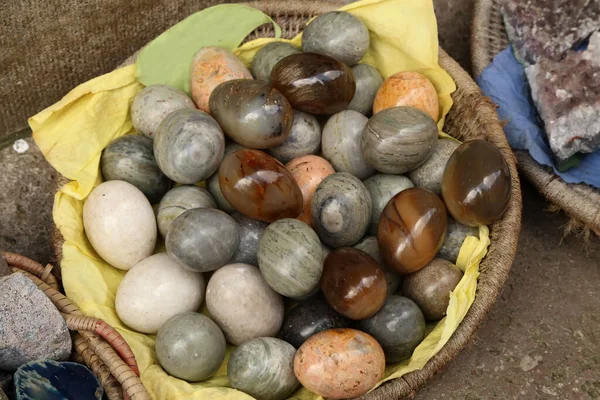 Coleta Diferentes Tipos Pedras Polidas Forma Ovos — Fotografia de Stock