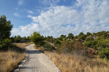 Hırvatistan 'ın Sibenik kenti yakınlarındaki St. Ante kanalı kıyısında yürüyüş yolu.