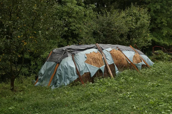 Meule Foin Est Recouverte Plastique Pluie — Photo