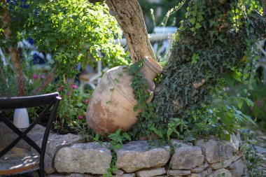 Kil sürahi ve yeşil bitkilerle dekorasyon.