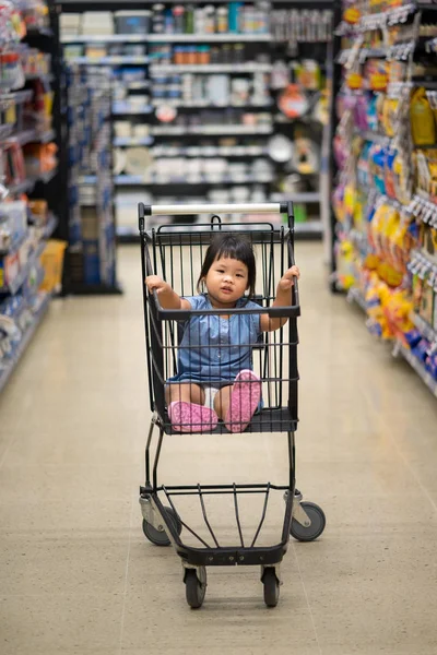 Little Girl Sitting Cart Shopping — Stock Photo, Image