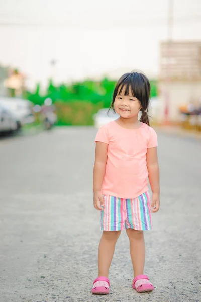 Portrait Happy Little Girl Standing Road — Stock Photo, Image