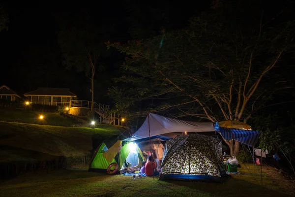 Camping and tent in the park at night — Stock Photo, Image