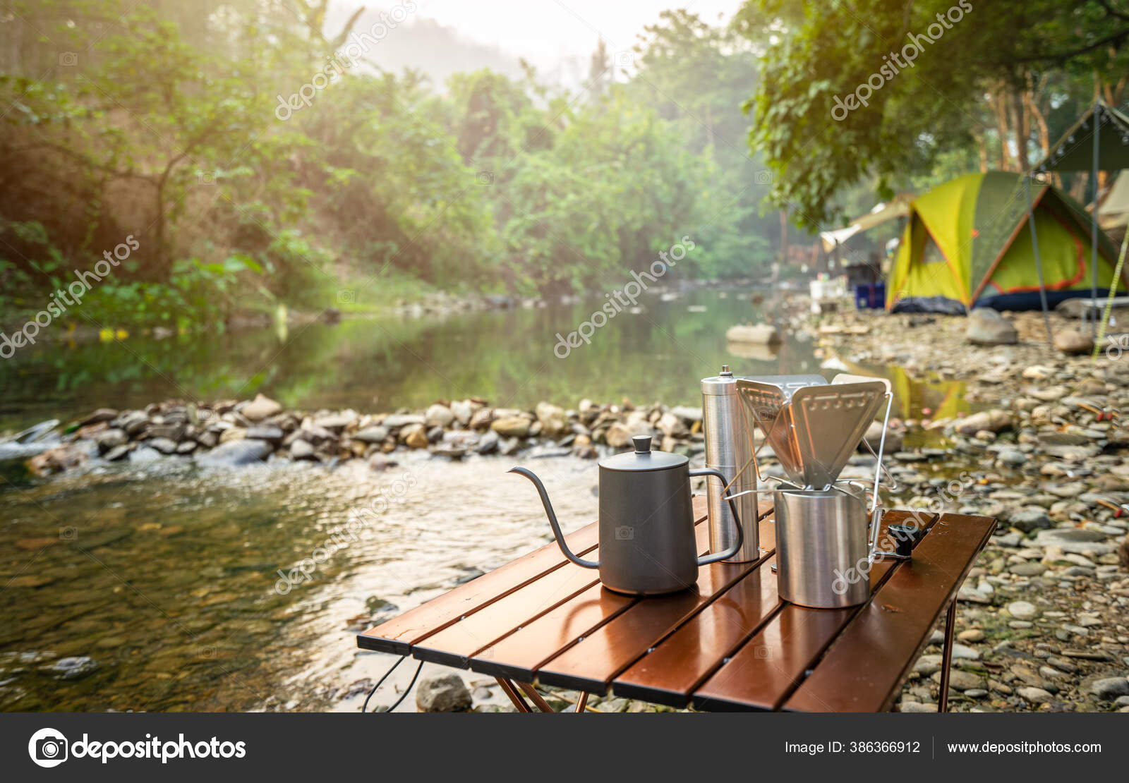 Coffee Drip While Camping River Nature Park Stock Photo by ©domonite