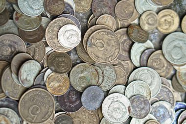 Sovyet sikkeler üzerinde fotoğraf çerçevesi bütün serpilir. SSCB ruble. Eski paralar için nümismatik.