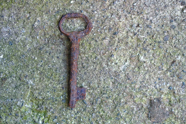 An antique rusty metal key on the background of concrete. A romantic secret protected by mystery. Stock photo.