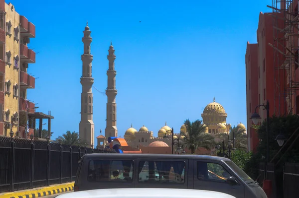 Strade Egiziane Moschea Musulmana Sullo Sfondo Case Strade Paesi Dell — Foto Stock