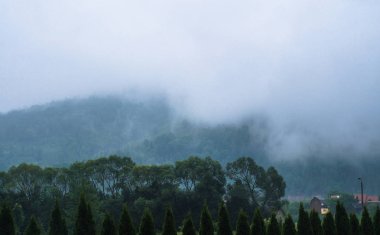 Avrupa'nın yolundan dağların manzarası. Güzel sonbaharın puslu manzara. Tasarım için stok fotoğraf