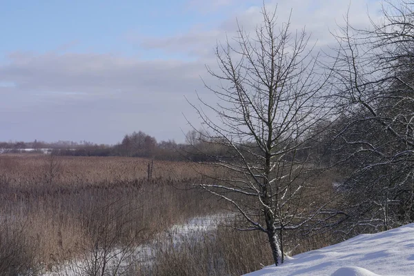 Prachtig winterlandschap met een besneeuwde rivier en meer. Kerst en Nieuwjaar thema — Stockfoto