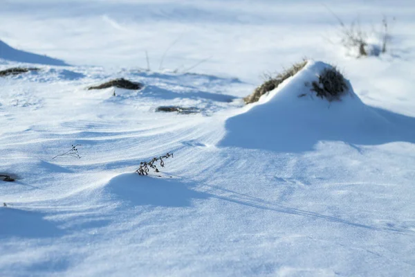 눈처럼 흰 눈 과 땅 이 그 위에 있는 것들 이라. 시골 과 눈이 내리는 곳. 겨울 모래 언덕 과 눈송이 산. 주식 배경. — 스톡 사진